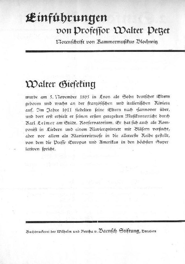Programm: Draeseke - Symphonia Tragica; Schumann - Klavierkonzert; Draeseke - Jubel-overt&uuml;re S&auml;chsische Staatskapelle Dresden, Karl B&ouml;hm, Walter Gieseking (S&auml;chsische Staatstheater Dresden, 22 Nov 1935)