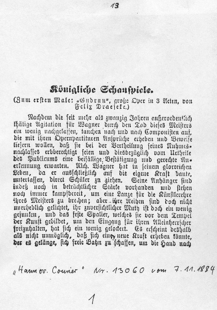 &Uuml;ber die Oper "Gudrun" Hannoverscher Courier (7 Nov 1884) 