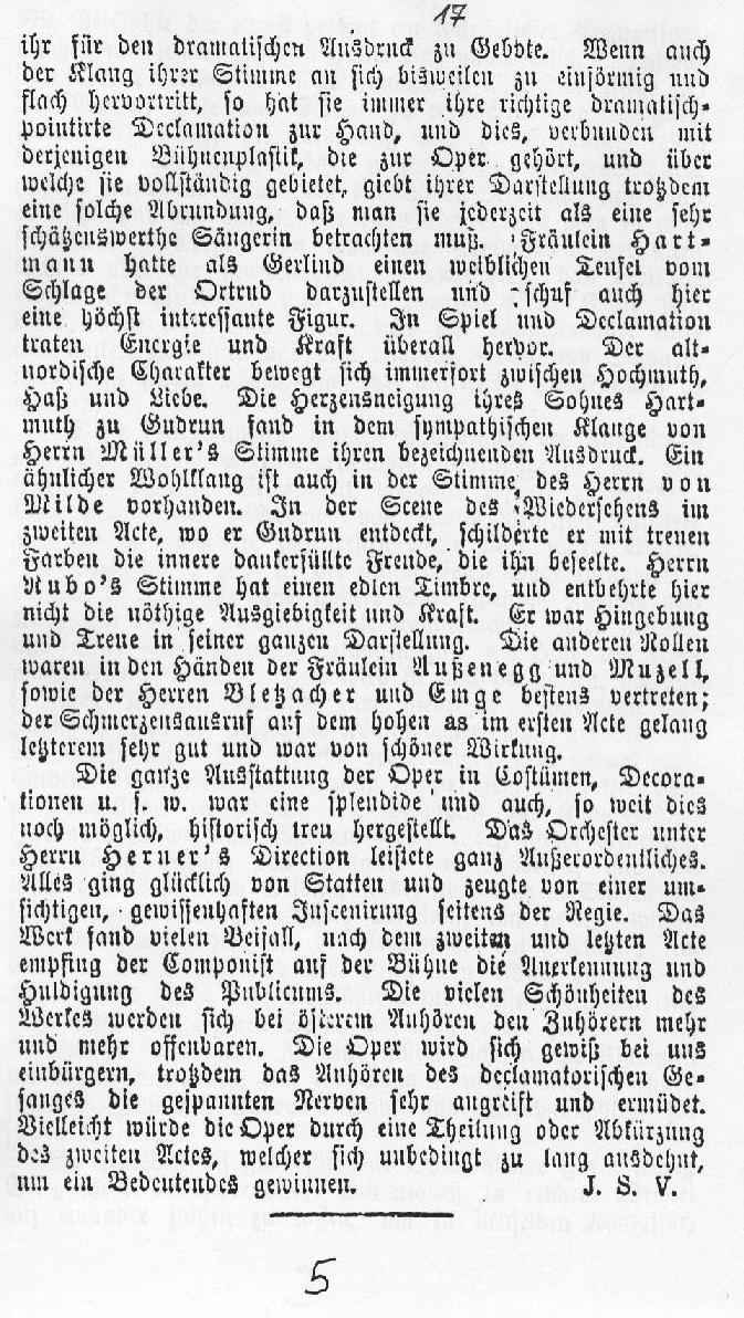 &Uuml;ber die Oper "Gudrun" Hannoverscher Courier (7 Nov 1884) 