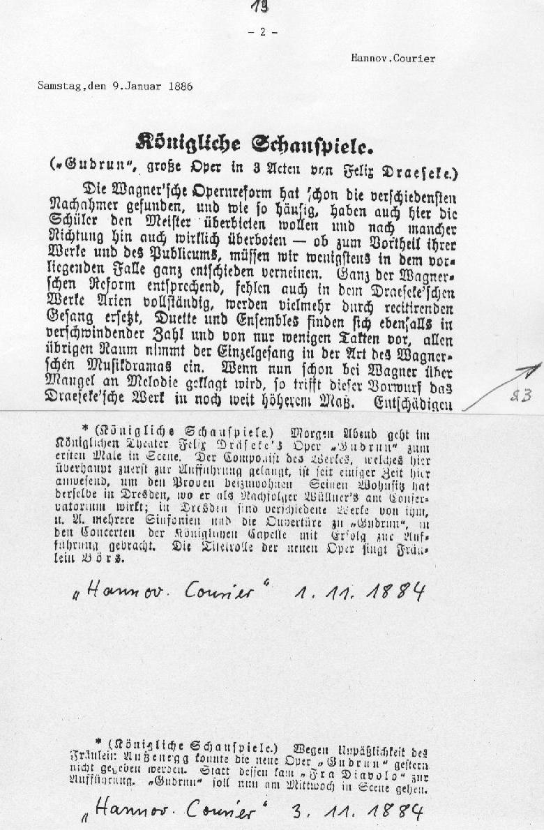 &Uuml;ber die Oper "Gudrun" Hannoverscher Courier (9 Jan 1886) 