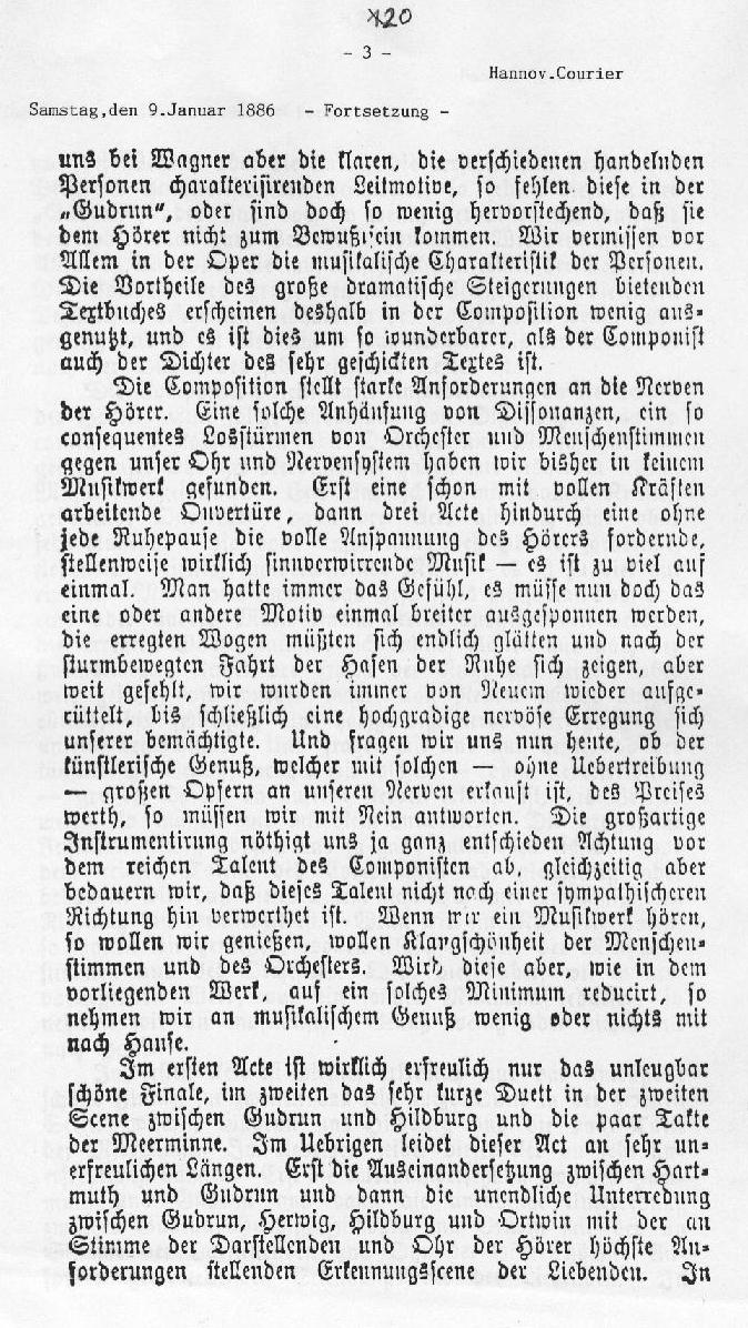 &Uuml;ber die Oper "Gudrun" Hannoverscher Courier (9 Jan 1886) 