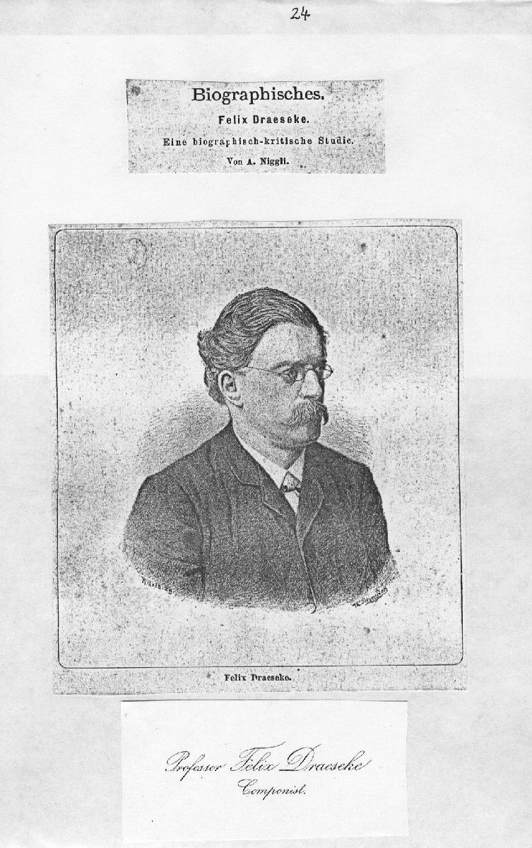 A. Niggli: Eine biographisch-kritische Studie &uuml;ber Felix Draeseke (Musikalisches Wochenblatt, Leipzig XVIII, nr 2-13; Januar-M&auml;rz 1887)