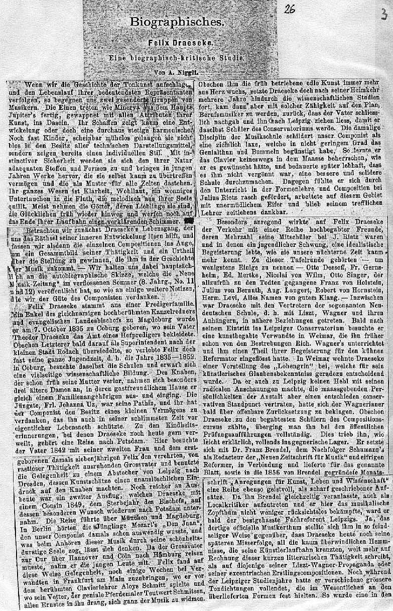 A. Niggli: Eine biographisch-kritische Studie &uuml;ber Felix Draeseke (Musikalisches Wochenblatt, Leipzig XVIII, nr 2-13; Januar-M&auml;rz 1887)