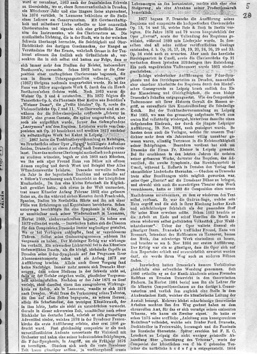 A. Niggli: Eine biographisch-kritische Studie &uuml;ber Felix Draeseke (Musikalisches Wochenblatt, Leipzig XVIII, nr 2-13; Januar-M&auml;rz 1887)
