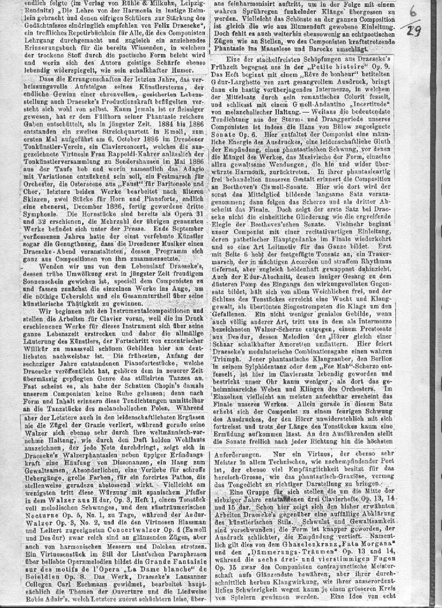 A. Niggli: Eine biographisch-kritische Studie &uuml;ber Felix Draeseke (Musikalisches Wochenblatt, Leipzig XVIII, nr 2-13; Januar-M&auml;rz 1887)
