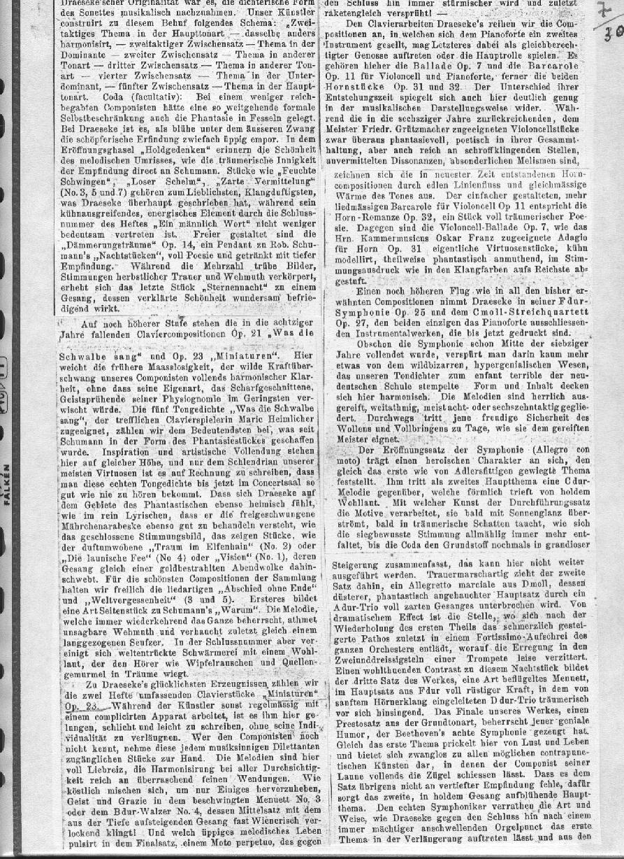 A. Niggli: Eine biographisch-kritische Studie &uuml;ber Felix Draeseke (Musikalisches Wochenblatt, Leipzig XVIII, nr 2-13; Januar-M&auml;rz 1887)