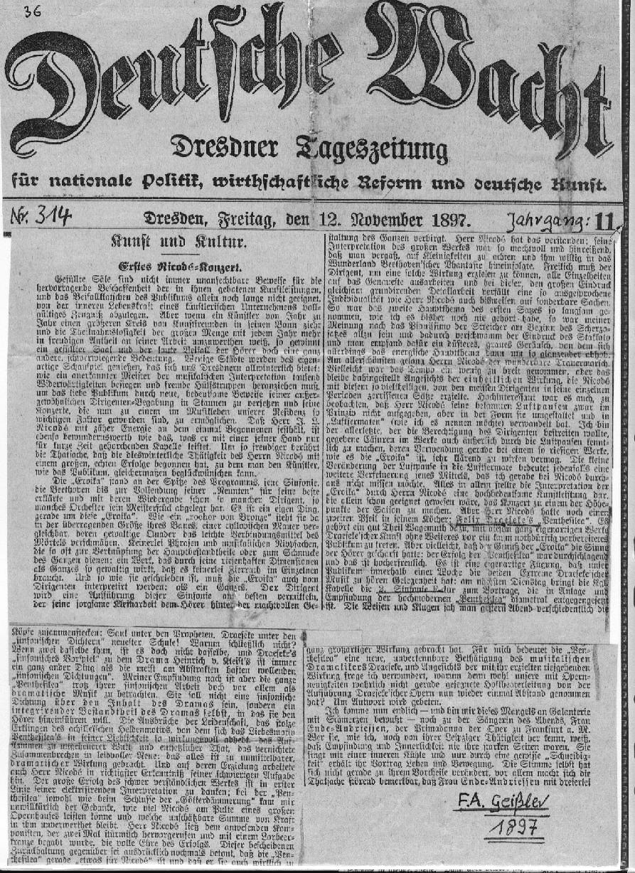 F.A. Gei&szlig;ler: Erstes Nicod&eacute;-Konzert in Dresden (Dresdner Nachrichten 12 Nov 1897) 