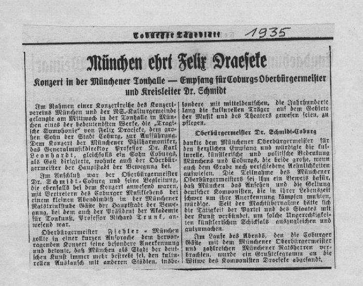 M&uuml;nchen ehrt Felix Draeseke (1935)