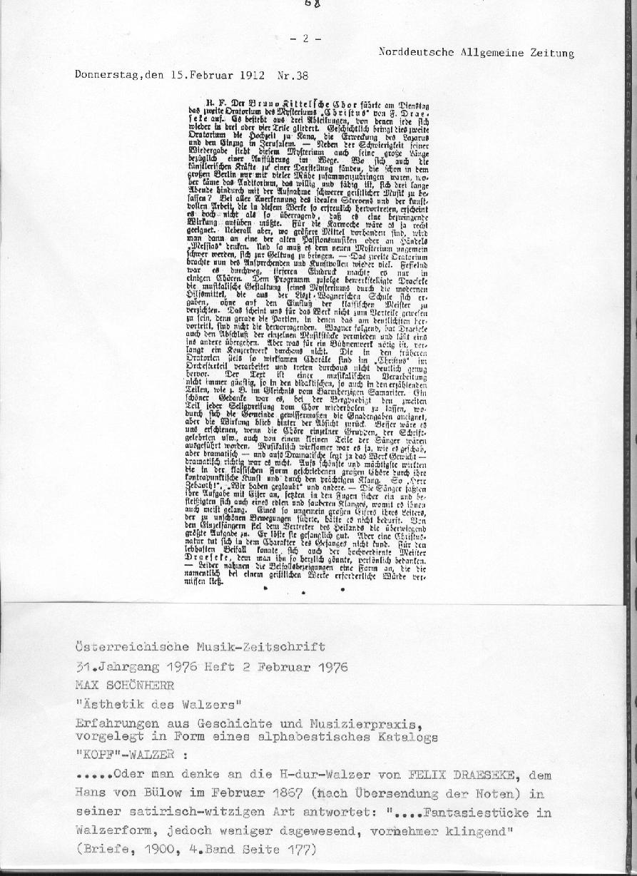 Christus (Norddeutsche Allgemeine Zeitung, 15 Feb 1912); Hans von B&uuml;low &uuml;ber H-dur Walzer von Draeseke