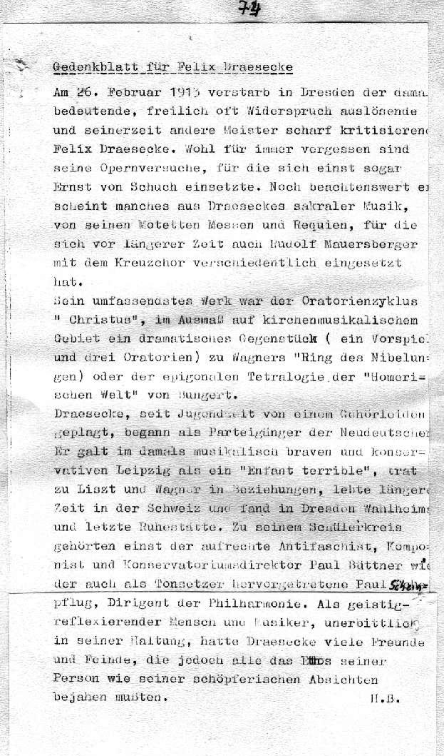 Gedenkblatt f&uuml;r Felix Draesecke (H.B., 1913) 
