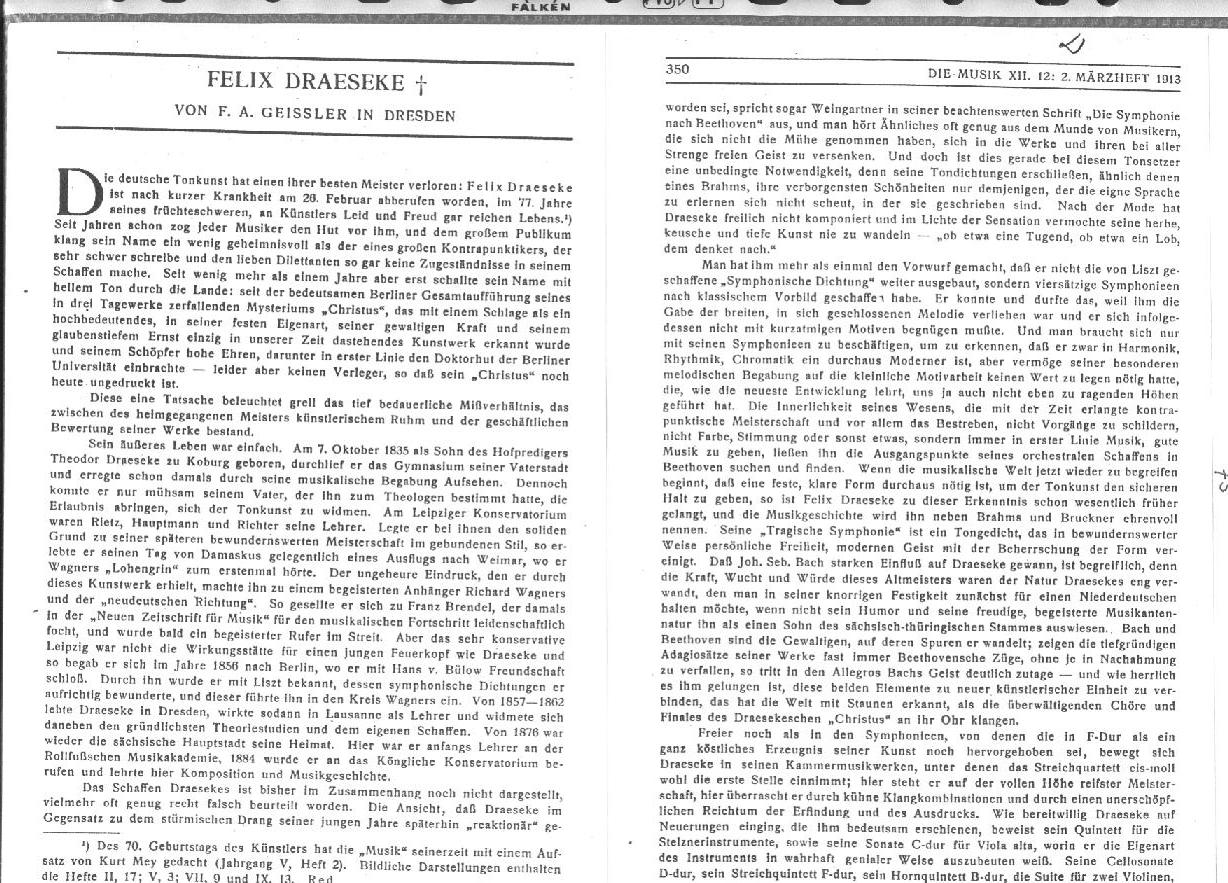 F.A. Gei&szlig;ler: Felix Draeseke in Dresden - (Die Musik, V.12, 26 Feb 1913) Click for full text