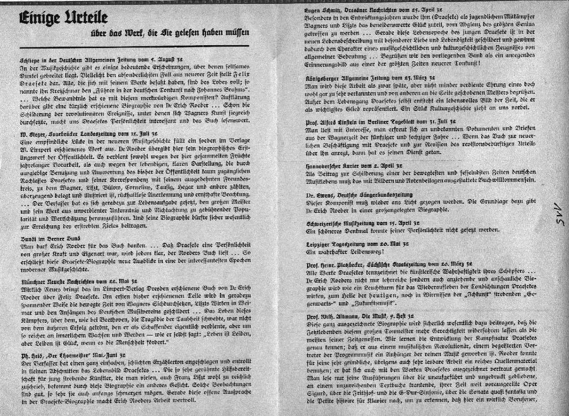 Einige Urteile &uuml;ber die Draeseke-Biographie von Erich Roeder