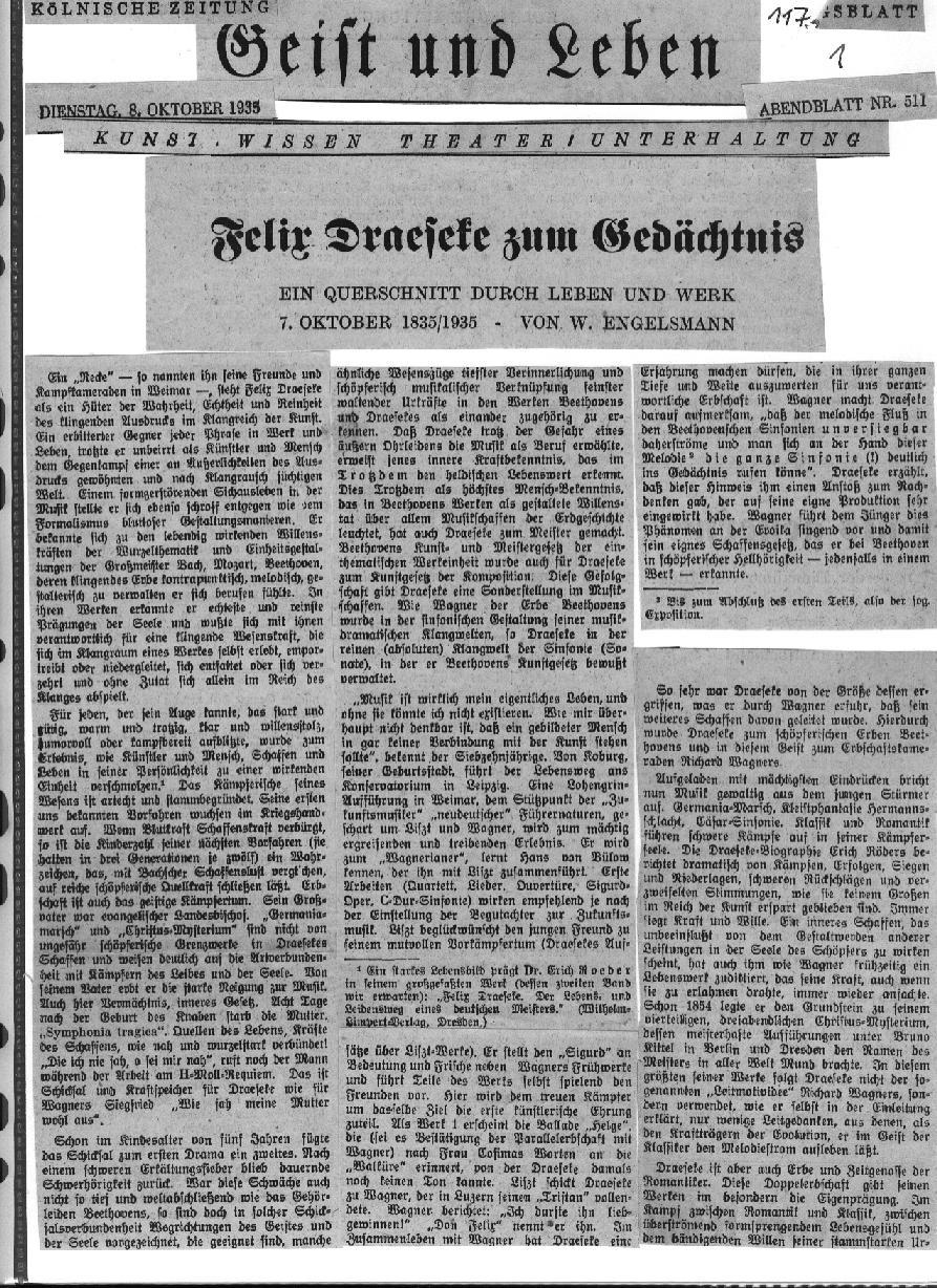 Walter Engelsmann: Felix Draeseke zum Ged&auml;chtnis (K&ouml;lnische Zeitung: 8 Okt 1935)