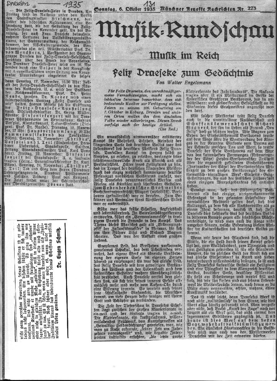 Walter Engelsmann: Musik im Reich, Felix Draeseke zum Ged&auml;chtnis	(M&uuml;nchener Neueste Nachrichten, 6 Okt 1935) 