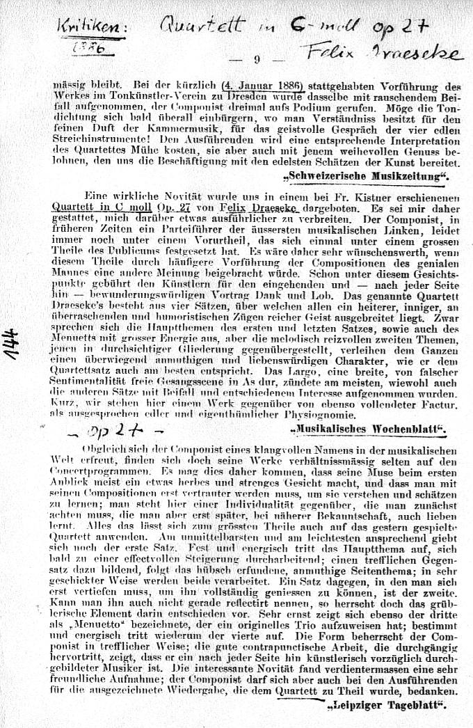 Kritiken: op. 27 Quartett, op. 28 3 Ges&auml;nge, op. 29 Liebes-Wonne- und-Weh (Musikalisches Wochenblatt, etc)