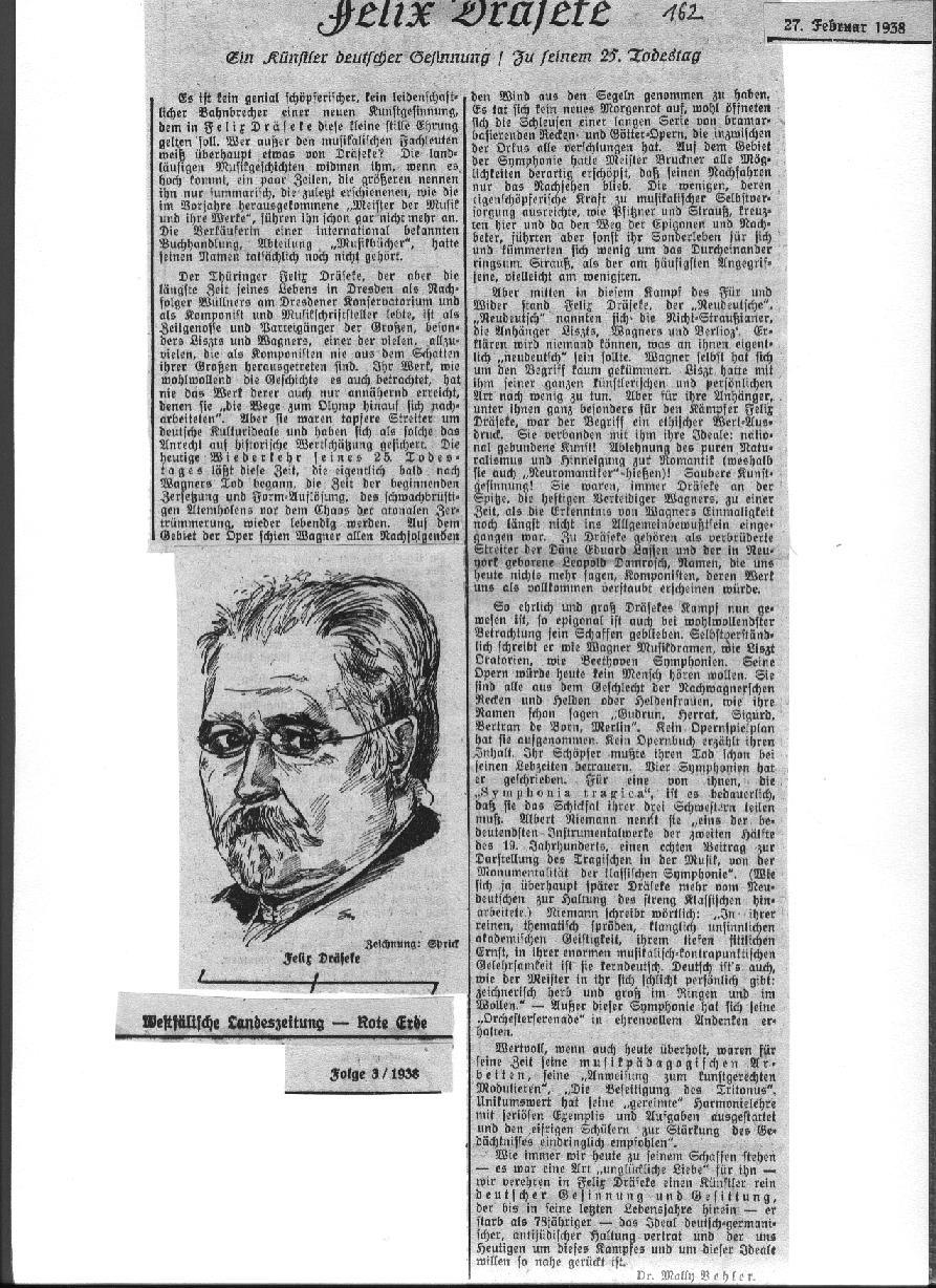 Dr. Wally Behler: Felix Draeseke - Ein K&uuml;nstler deutscher Gesinnung. Zu seinem 25. Totestag (Westf&auml;lische Landeszeitung 27 Feb 1938)