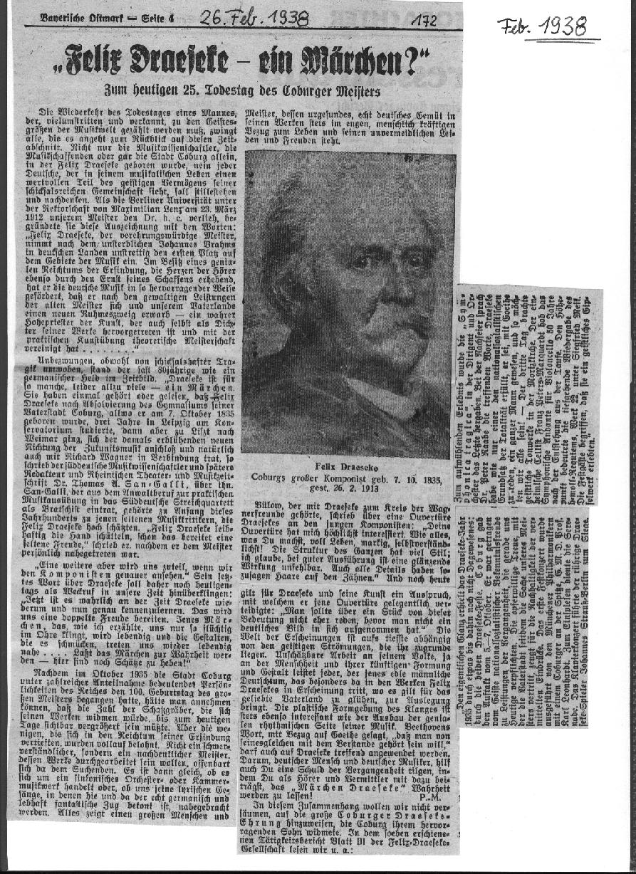 Felix Draeseke ein M&auml;rchen? z. 25.Todestag (Bayerische Ostmark, 26 Feb 1938)
