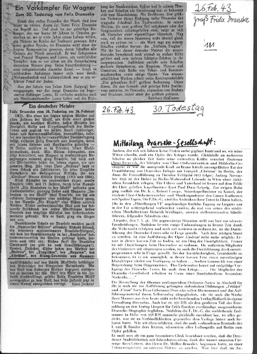 F. Peters-Marquardt: "Ein Gewinn f&uuml;r die Musikwelt (1935); Mitteilung Draeseke-Gesellschaft (1943)