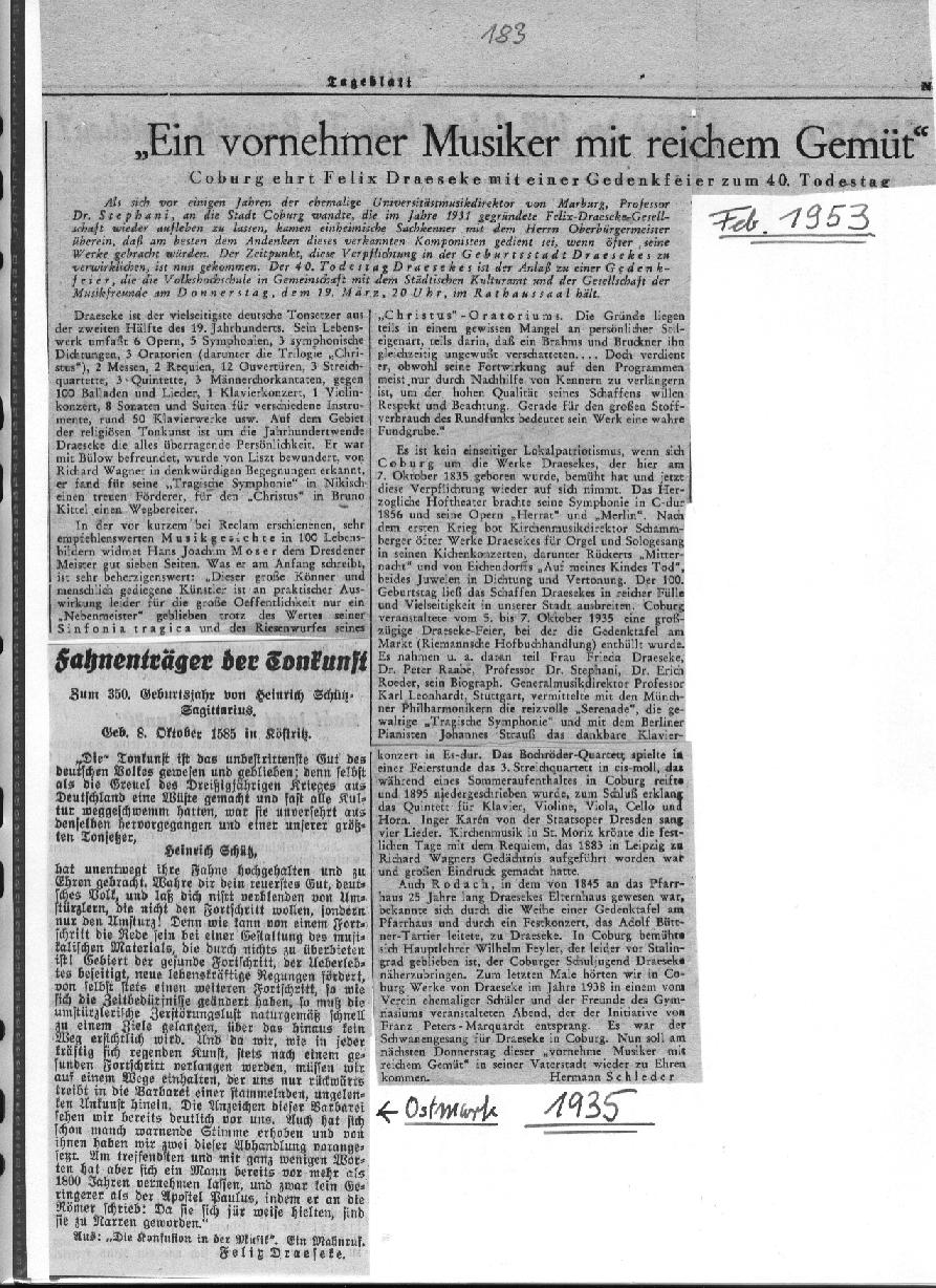 Hermann Schleder: "Ein vornehmer Musiker mit reichem Gem&uuml;t", Coburger Tageblatt, Feb 1953 