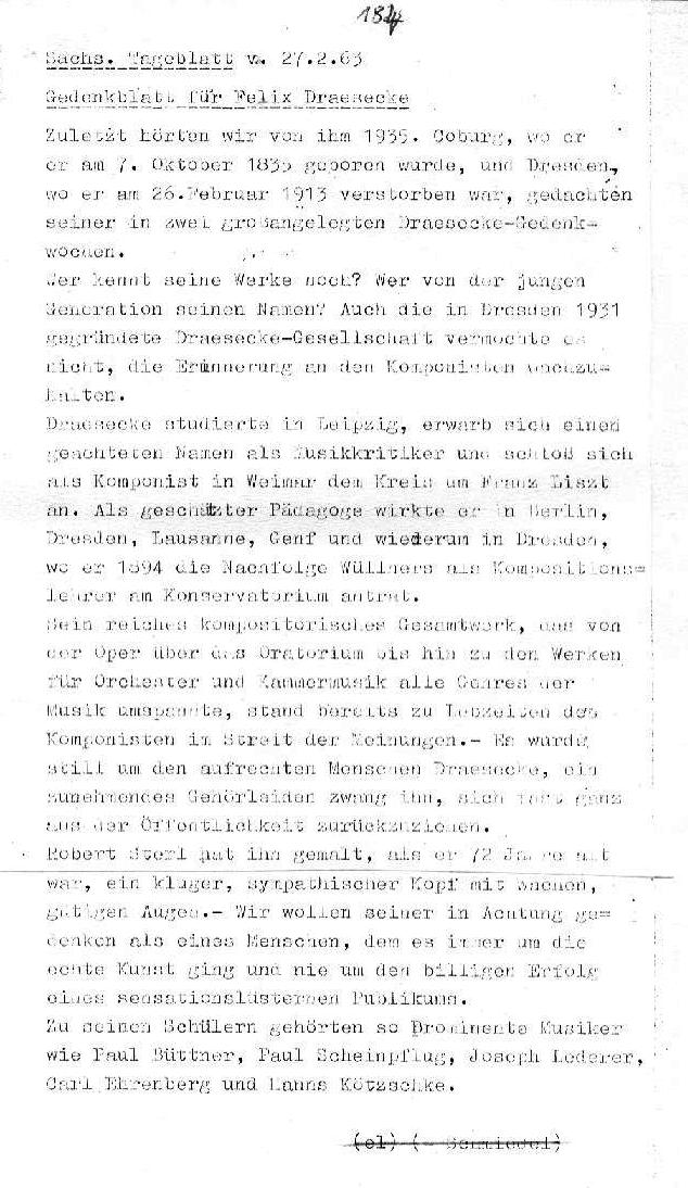Gedenkblatt zum 50.Todestag, S&auml;chsische Tageblatt 27 Feb 1963