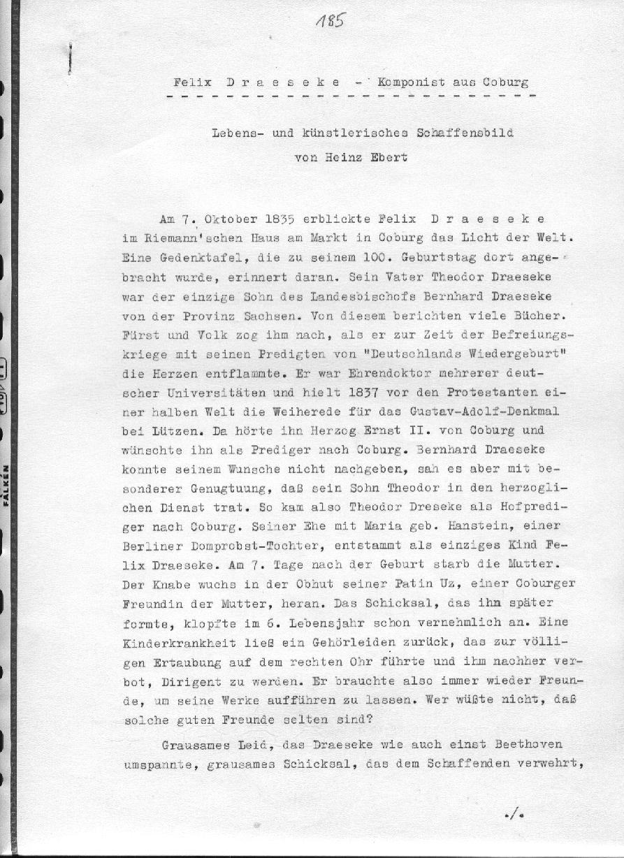 Heinz Ebert: Felix Draeseke - Komponist aus Coburg. Lebens- und k&uuml;nstlerisches Schaffensbild (1958)