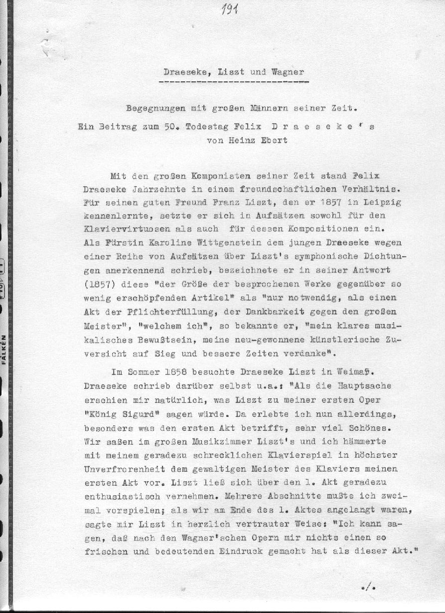 Heinz Ebert: Draeseke, Liszt und Wagner. Begegnungen mit gro&szlig;en M&auml;nnern seiner Zeit. Ein Beitrag zum 50. Todestag Felix Draesekes