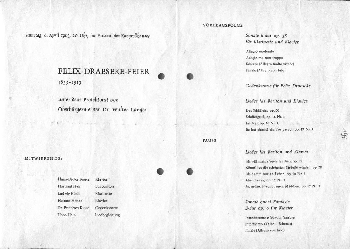 Konzertprogramm: Felix-Draeseke-Feier 1963 im Festsaal des Kongre&szlig;hauses Coburg (6 Apr 1963) 