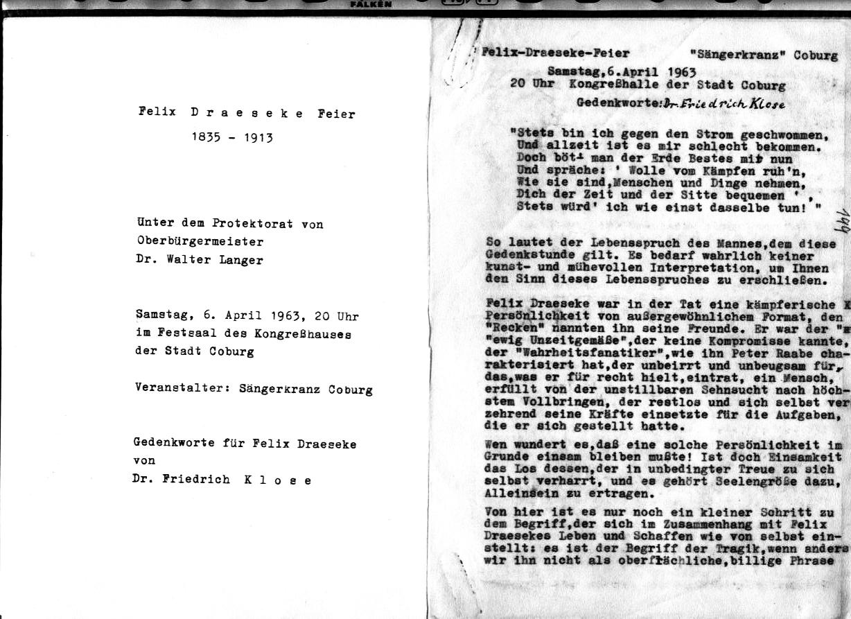 Dr. Friedrich Klose: Gedenkworte zur Draeseke-Feier 1963, Festsaal des Kongre&szlig;hauses Coburg (6 Apr 1963) 