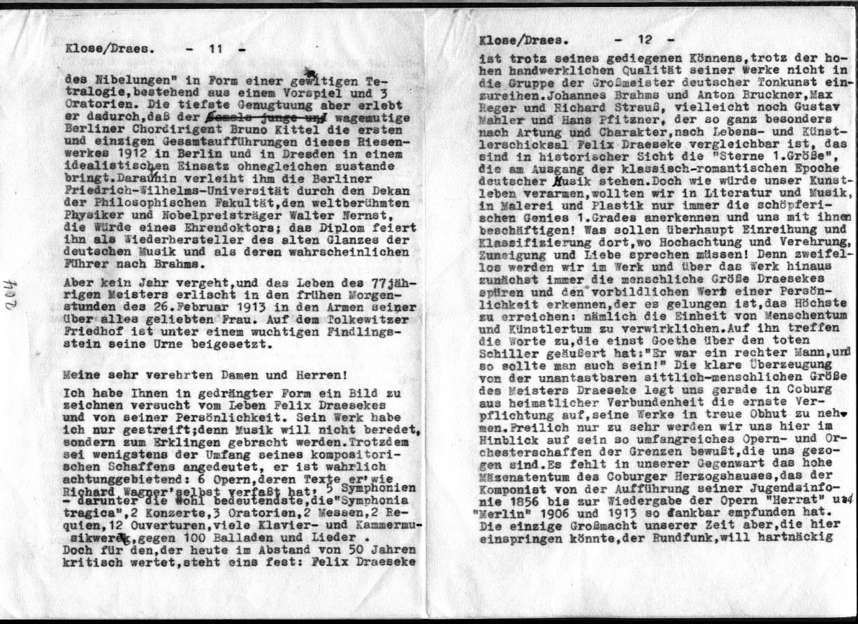 Dr. Friedrich Klose: Gedenkworte zur Draeseke-Feier 1963, Festsaal des Kongre&szlig;hauses Coburg (6 Apr 1963) 