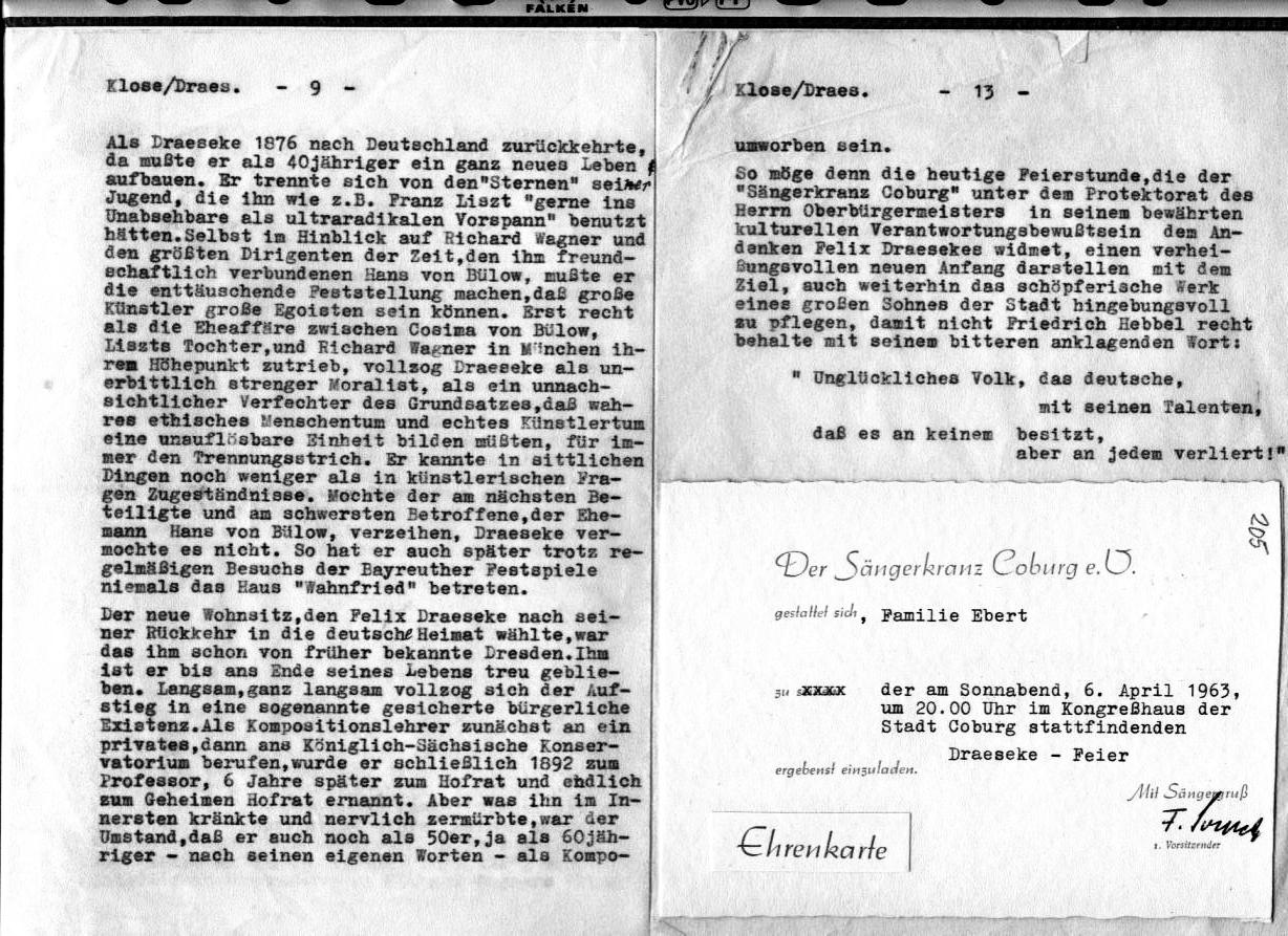 Dr. Friedrich Klose: Gedenkworte zur Draeseke-Feier 1963, Festsaal des Kongre&szlig;hauses Coburg (6 Apr 1963) 