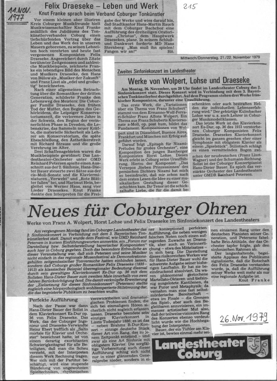 Neues f&uuml;r Coburger Ohren - Werke von Franz A. Wolpert, Horst Lohse und Felix Draeseke im Sinfoniekonzert des Landestheaters; Knut Franke: Felix Draeseke - Leben und Werk (Nov 1977) 