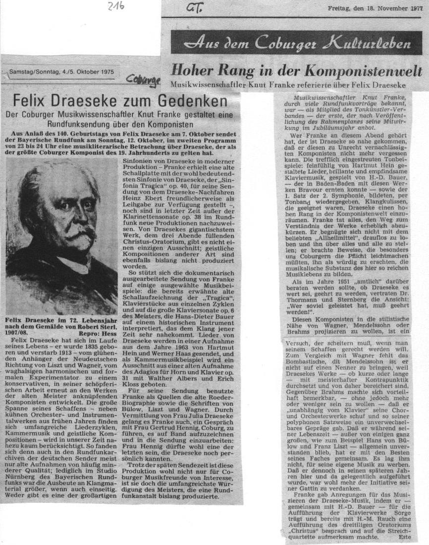 Hoher Rang in der Komponistenwelt - Knut Franke referiert &uuml;ber Felix Draeseke (Coburger Tageblatt 1975/1977)