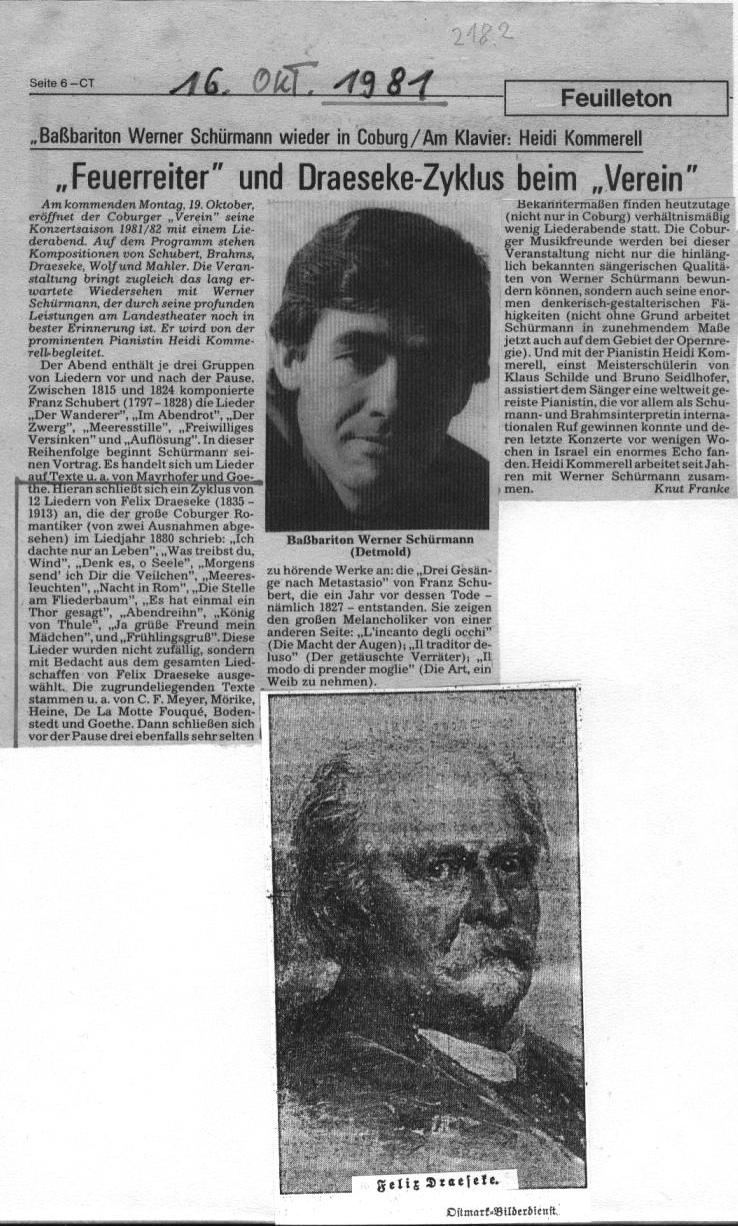 Feuerreiter und Draeseke-Zyklus - Liederabend beim "Verein", Ba&szlig;bariton Werner Sch&uuml;rmann&nbsp;(16 Okt 1981)