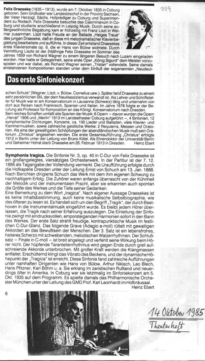 Programmheft Landestheater Coburg: Erste Sinfoniekonzert (14 Okt 1985): Hans Sternberg - Kleine Symphonie im klassischen Stil; Franz M&ouml;ckl- Symphonische Huldigung an Adalbert Stifter; Wilhelm Heinrich Vielhaber - Orchester-Paraphrase &uuml;ber "Papageno"; Felix Draeseke - Symphonia tragica op. 40 (Orchester des Landestheaters, GMD Paul Theissen)