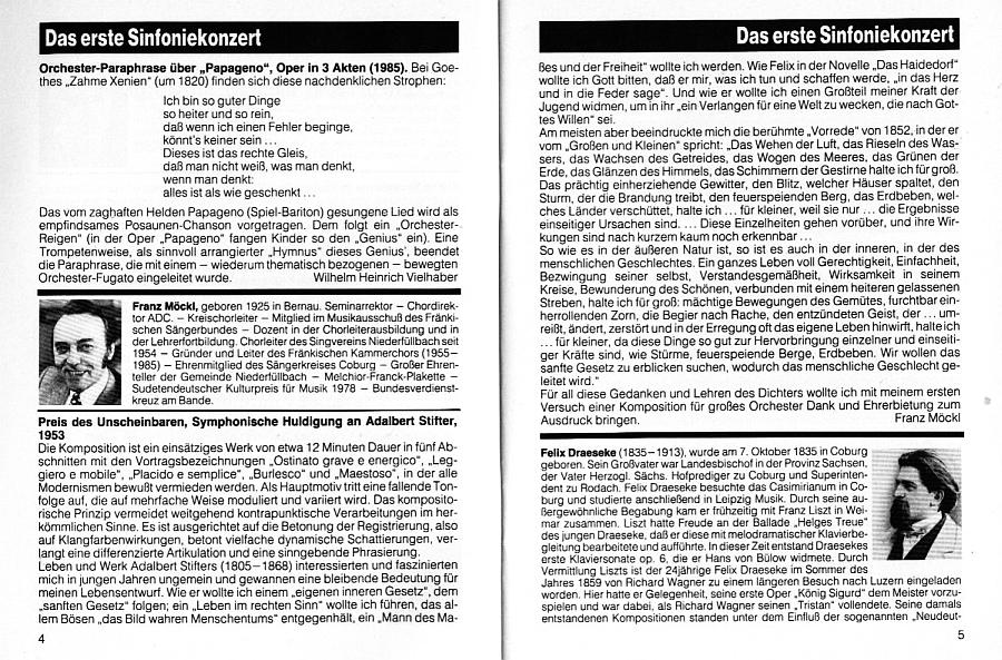 Programmheft Landestheater Coburg: Erste Sinfoniekonzert (14 Okt 1985): Hans Sternberg - Kleine Symphonie im klassischen Stil; Franz M&ouml;ckl- Symphonische Huldigung an Adalbert Stifter; Wilhelm Heinrich Vielhaber - Orchester-Paraphrase &uuml;ber "Papageno"; Felix Draeseke - Symphonia tragica op. 40 (Orchester des Landestheaters, GMD Paul Theissen)