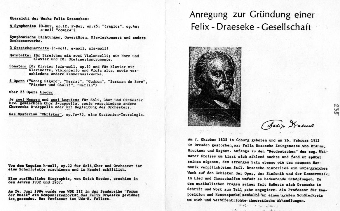 Anregung zur Gr&uuml;ndung einer Felix-Draeseke-Gesellschaft