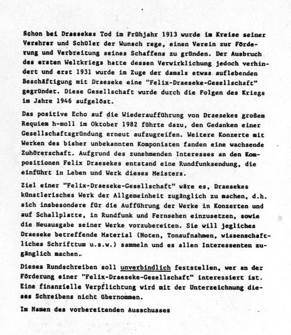 Anregung zur Gr&uuml;ndung einer Felix-Draeseke-Gesellschaft