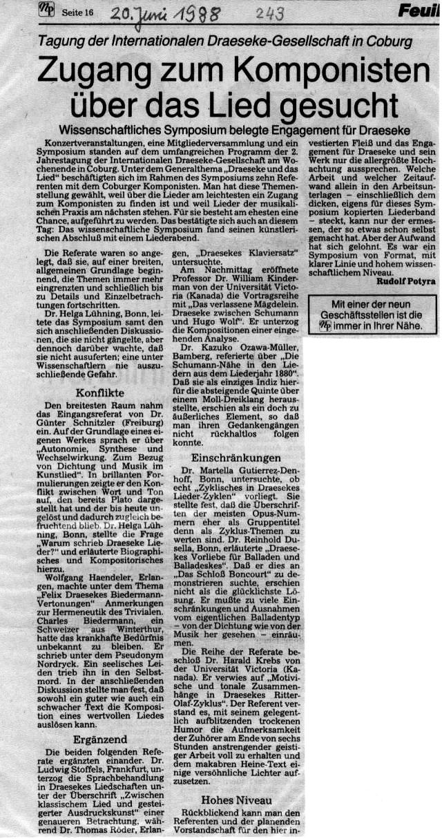 Tagung der IDG in Coburg 1988 - Zugang zum Komponisten &uuml;ber das Lied gesucht (Rudolf Potyra, 20 Jun 1988)
