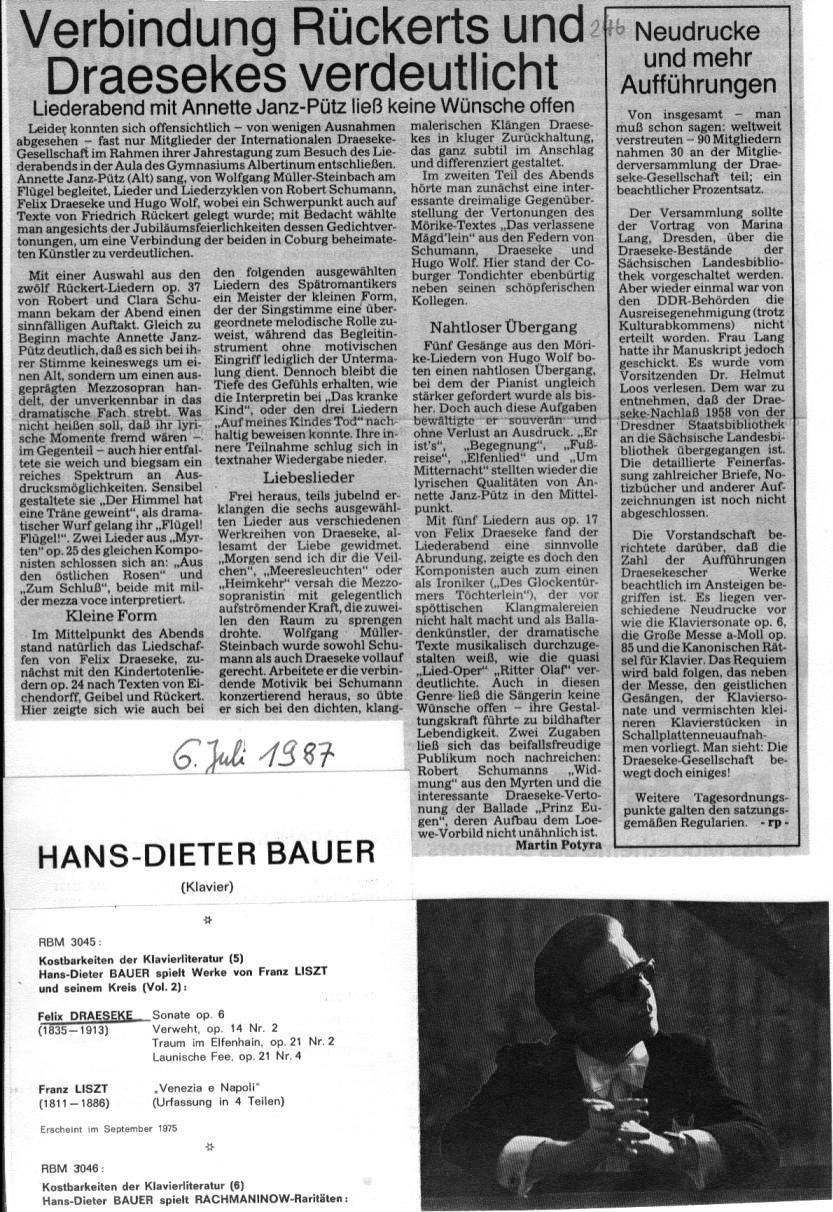Verbindung R&uuml;ckerts und Draesekes verdeutlich - Liederabend mit Annette Janz-P&uuml;tz (6 Juli 1987, Martin Potyra)