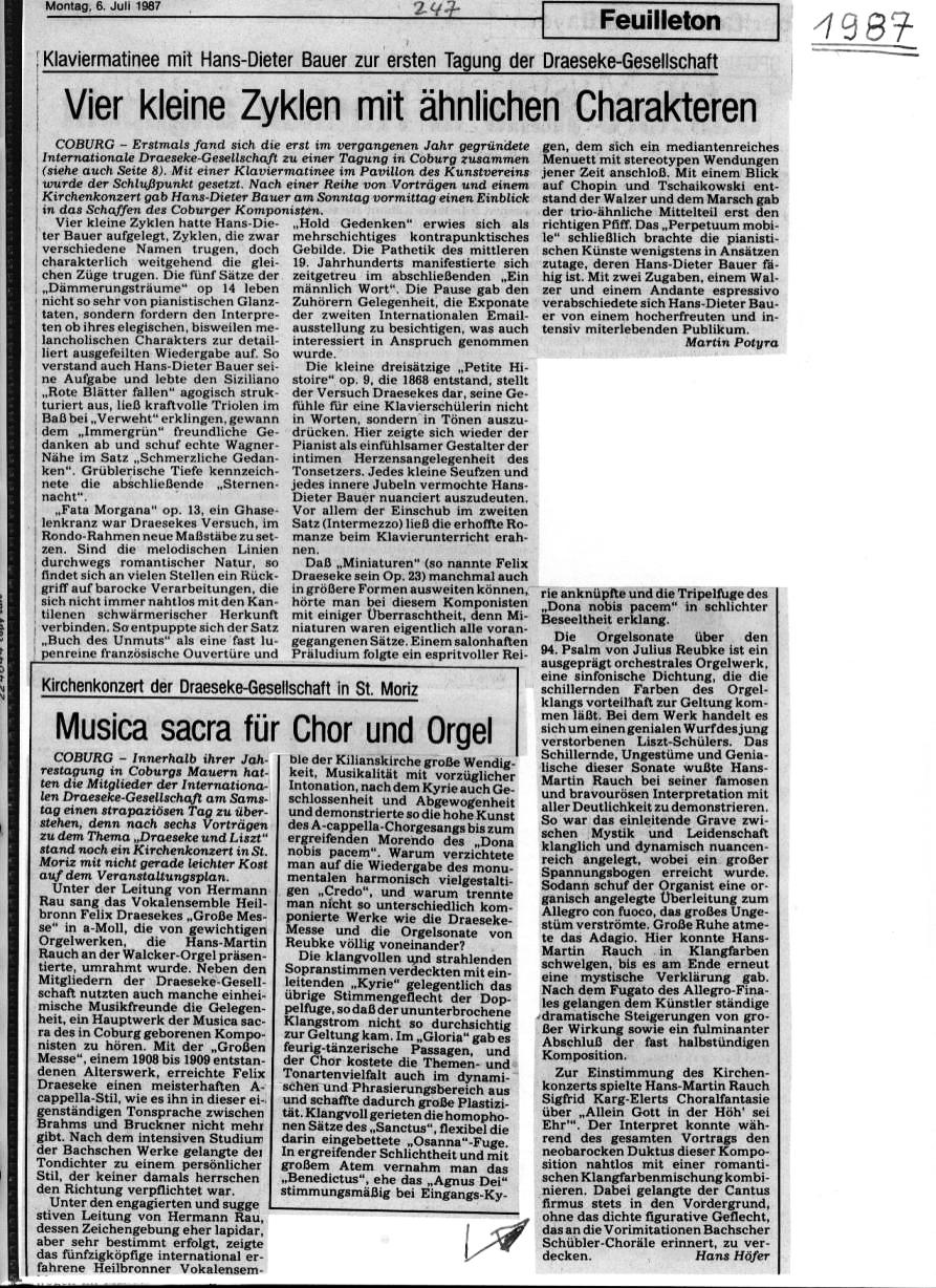 Klaviermatinee mit Hans-Dieter Bauer zur ersten Tagung der Draeseke-Gesellschaft; Kirchenkonzert der Draeseke-Gesellschaft in St. Moriz (6 Juli 1987, Martin Potyra, Hans H&ouml;fer)