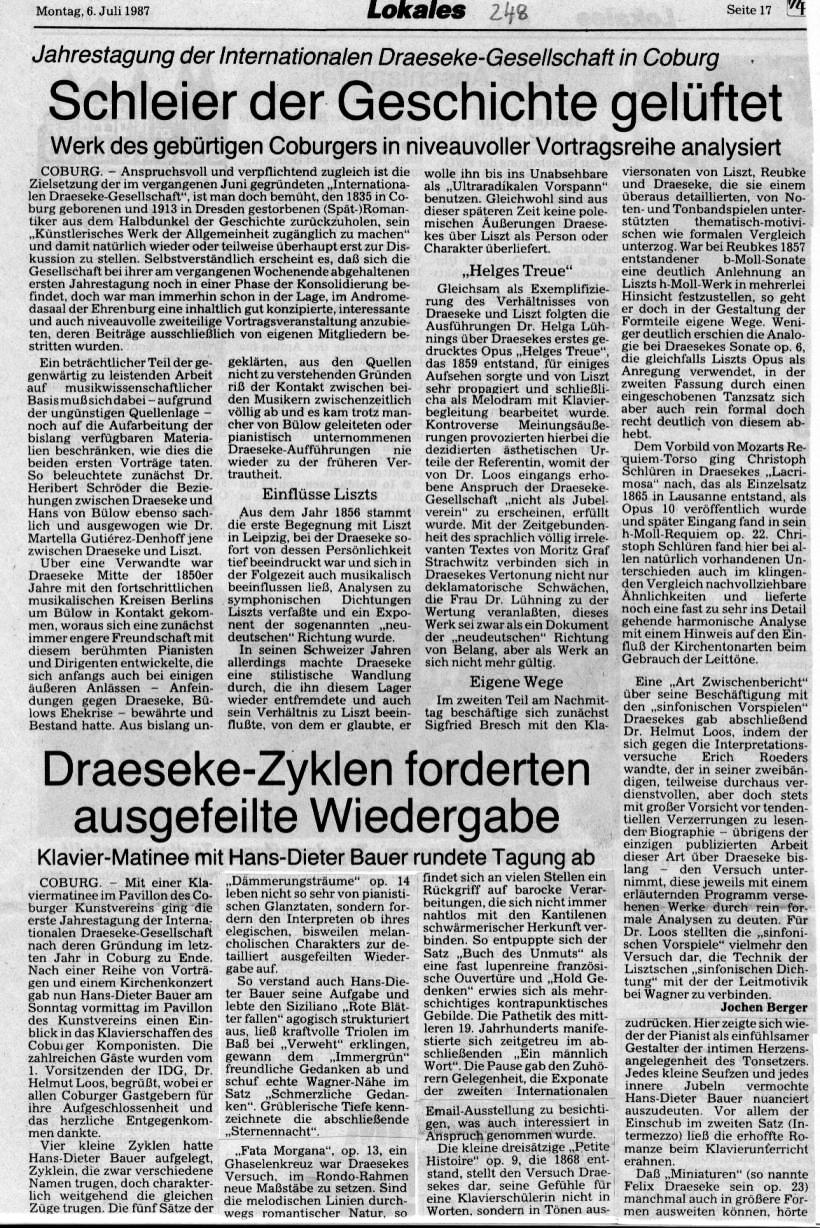 Jahrestagung der Draeseke-Gesellschaft in Coburg: Schleier der Geschichte gel&uuml;ftet; Draeseke-Zyklen forderten ausgefeilte Wiedergabe (6 Juli 1987, Jochen Berger)