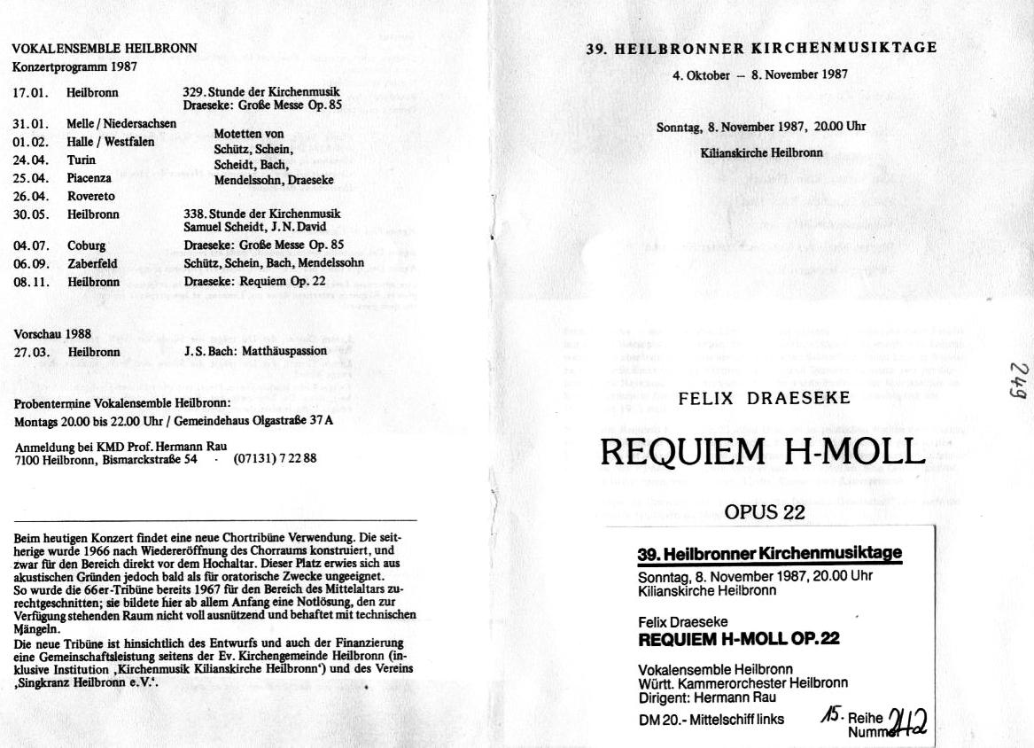 Draeseke Requiem in H-moll am 4 October 1987 in Heilbronn - Kilianskirche&nbsp;(8 Nov 1987, W&uuml;rttenberg Kammerorchestra Heilbronn, Hermann Rau) 