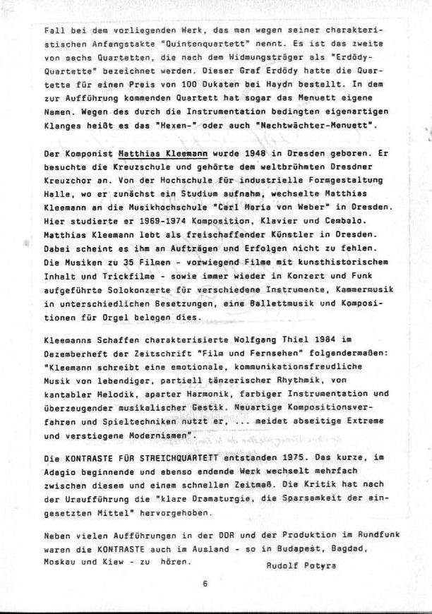 Programm - Coburger Schlosskonzert 19 Jun 1988: Haydn - Quinten-Quartett; Matthias Kleemann - Kontraste f&uuml;r Streichquartett (1975); Felix Draeseke - Quartett nr. 3 cis-moll op 66. Dresedener Streichquartett