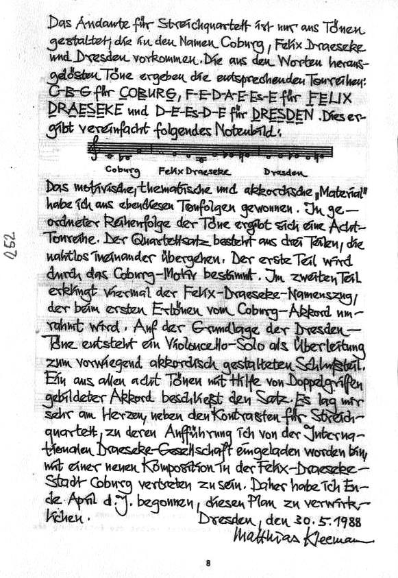Programm - Coburger Schlosskonzert 19 Jun 1988: Haydn - Quinten-Quartett; Matthias Kleemann - Kontraste f&uuml;r Streichquartett (1975); Felix Draeseke - Quartett nr. 3 cis-moll op 66. Dresedener Streichquartett