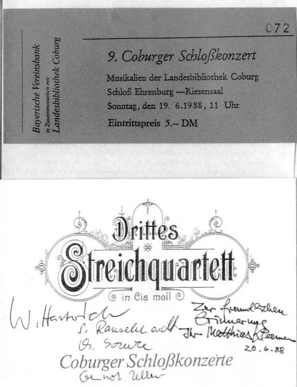 Programm - Coburger Schlosskonzert 19 Jun 1988: Haydn - Quinten-Quartett; Matthias Kleemann - Kontraste f&uuml;r Streichquartett (1975); Felix Draeseke - Quartett nr. 3 cis-moll op 66. Dresedener Streichquartett