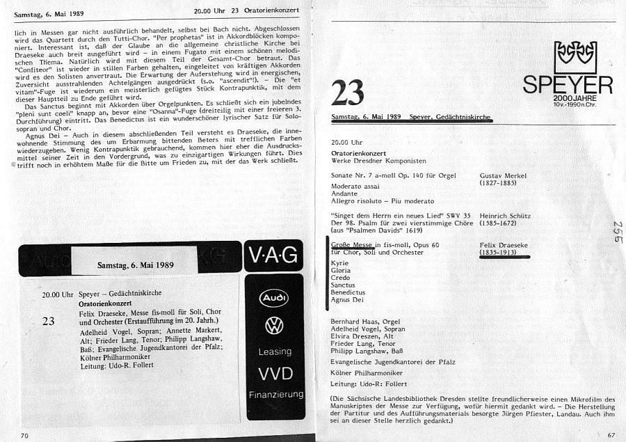 Programm: Ged&auml;chtniskirche in Speyer: Gro&szlig;e Messe in fis-moll, op. 60 (6 Mai 1989); Udo-R. Follert: Einf&uuml;hrung Gro&szlig;e Messe in fis-moll, op. 60 