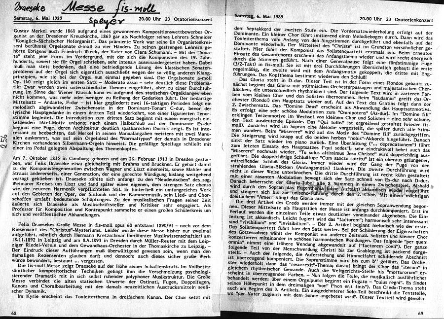 Programm: Ged&auml;chtniskirche in Speyer: Gro&szlig;e Messe in fis-moll, op. 60 (6 Mai 1989); Udo-R. Follert: Einf&uuml;hrung Gro&szlig;e Messe in fis-moll, op. 60 