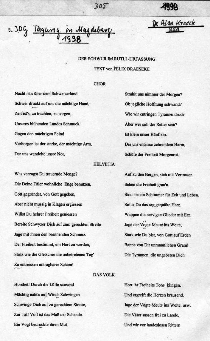 Der Schwur im R&uuml;tli - Urfassung - Text von Felix Draeseke