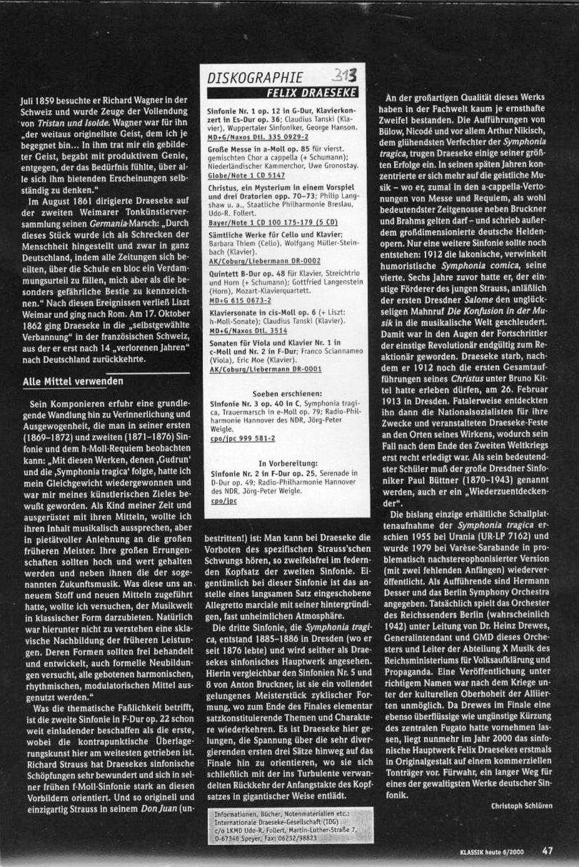 Christoph Schl&uuml;ren: "Zukunftsmusik" in klassische Form, Klassik heute, 6/2000 