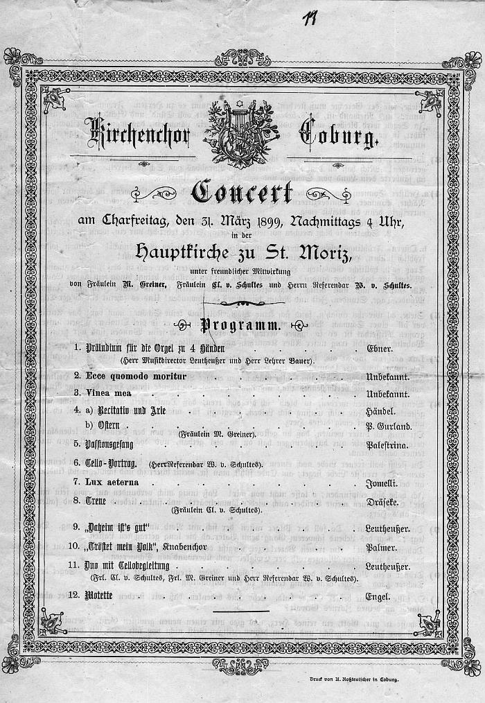 Moriz-Kirche Coburg -Kirchenchor Coburg. Draeseke Lied:&nbsp;Treue op.16.6&nbsp;31 M&auml;r 1899